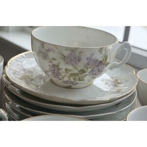 Austria Merkelgrun Porcelain Tea Cups An Saucers- Set  Of 6 Floral Gold Trim